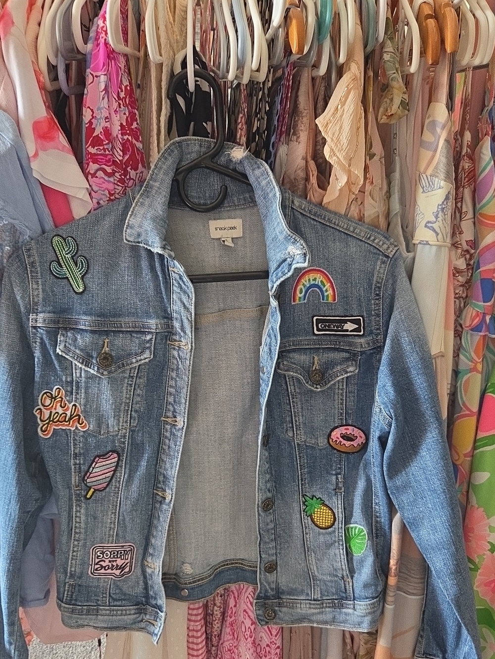 Women's Light Blue Denim Jean Jacket with Fun Patches NWOT